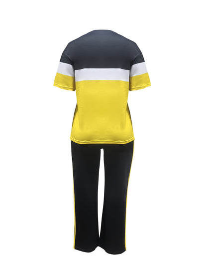 Women'S Plus Size Casual Color Block 2pcs Set - Elegant Crew Neck Short Sleeve Top & Straight Leg Pants, 95% Polyester 5% Elastane, Medium Stretch Knit Fabric, Machine Washable