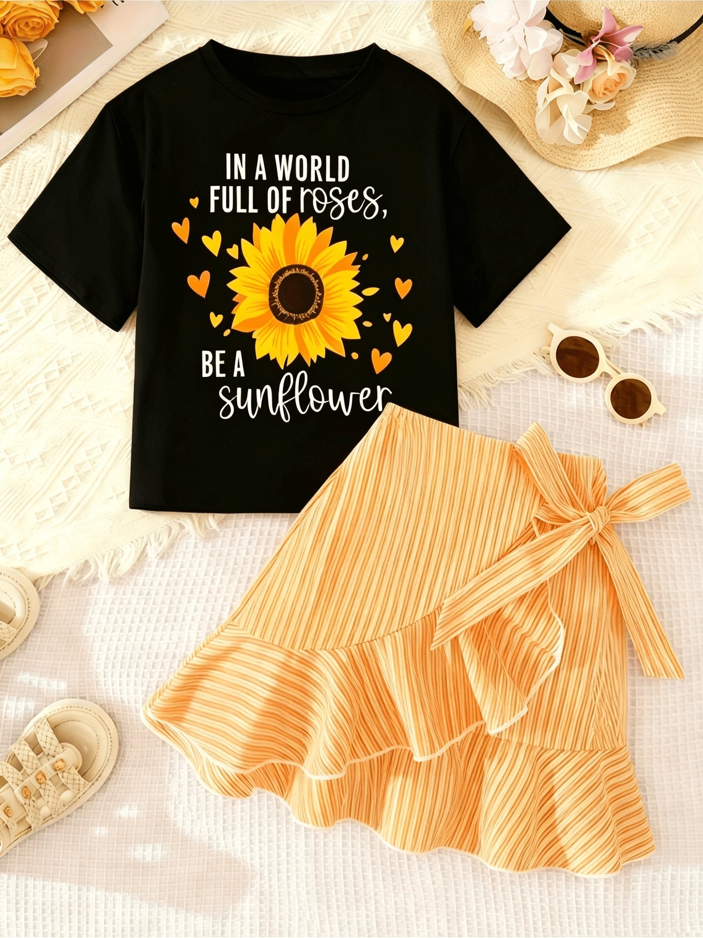 [Birthday Gift] Girls' Clothing 100% Pure for Girls Girls Cute Sunflower Pattern T-Shirt Soft Summer Daily Top Suitable for Toddlers and Kids Birthday Gift or Daily Wear Machine Washable Casual Comfortable Knitted Fabric for Children Girl Girls Summer Clo