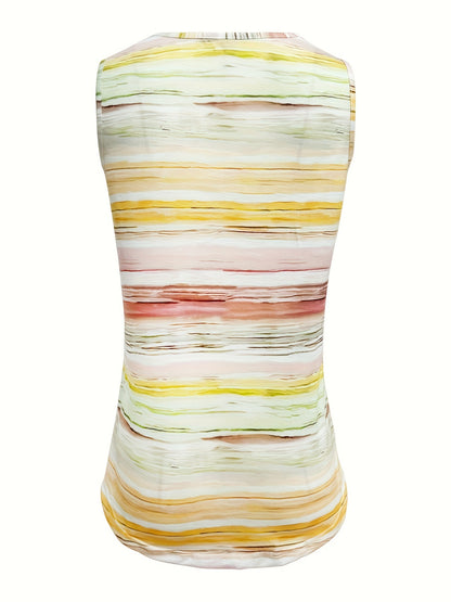 Women's Sleeveless Square Neck Tank Top - Yellow-Green-Pink Gradient Stripe Print Blouse-Compatible Shirt | Machine Washable Opaque Shirt Suitable for Daily Outfits,, Office & Layering, - Casual Wear