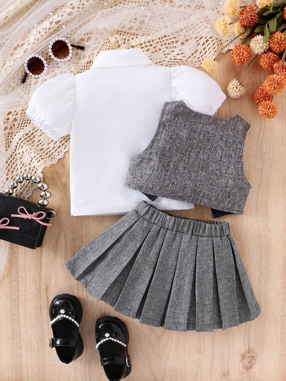 3pcs Girls' Preppy Uniform Set - 100% Polyester Baby Outfit with White Puff Sleeve Blouse, Grey Vest & Pleated Skirt, Short Sleeve Dress Suit for, Weddings, Photoshoots (Hand Washable), Perfect for Outdoor