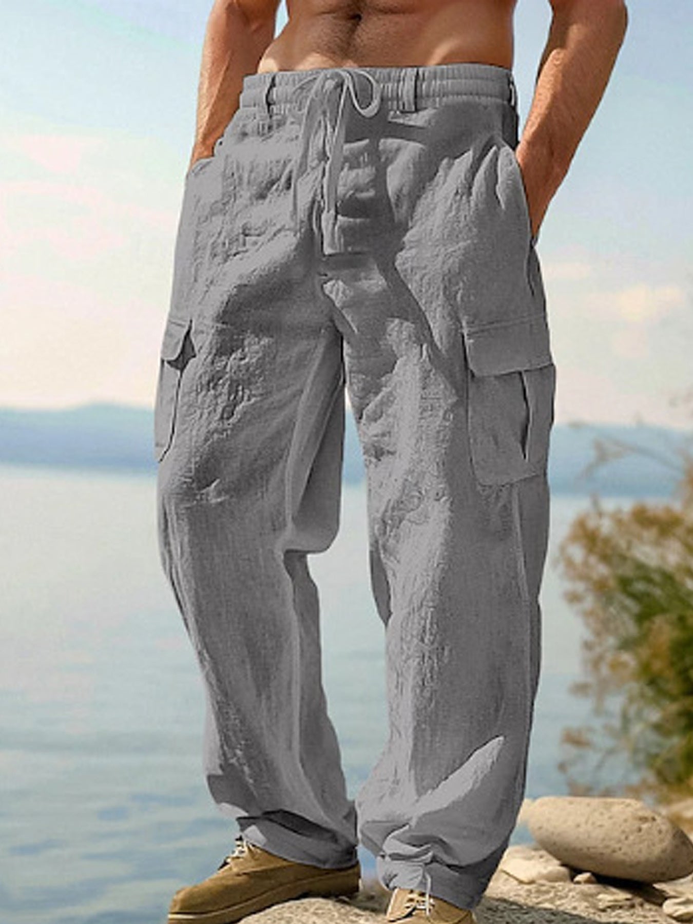 Men'S Spring/Summer Thin Breathable Casual Pants, Loose Fit, Solid Color, Drawstring Wide-Leg Trousers