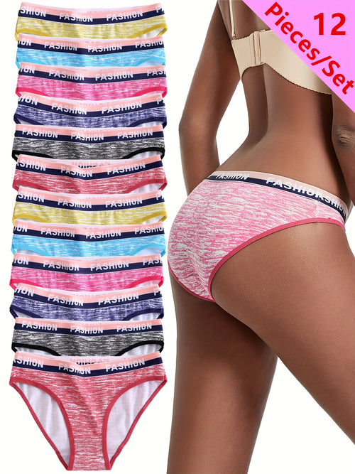 12pcs Camo Print Briefs for Women, Breathable Letter Print Sexy Panties Women's Colorful Striped Underwear Set