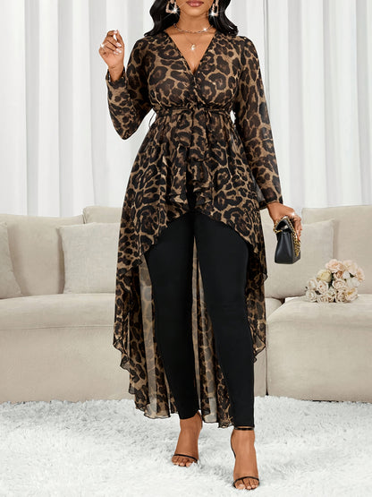Plus Size, Plus Size Leopard Print V-Neck Asymmetric Hem Long-Sleeve Casual Shirt