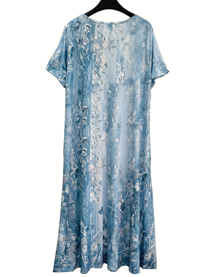 Plus Size Short Sleeve Midi Dress with Lace Neck And Flower Print