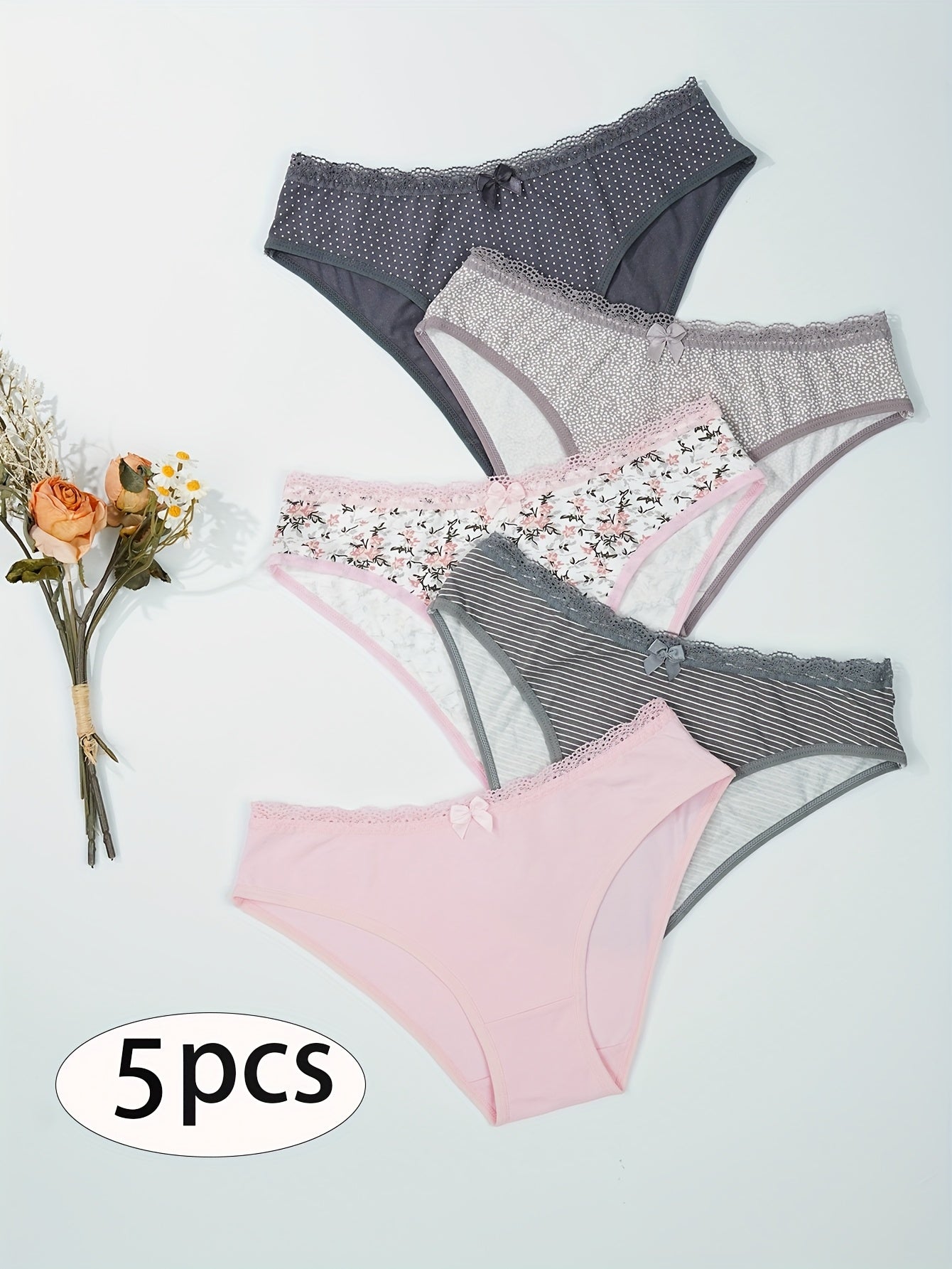 5-Pack Women'S Triangle Panties with Floral Print, Nude Comfortable Soft Stretchy Large Size Underwear with Bow Decoration, Simple Elegant Breathable Briefs - 2025 New Arrival
