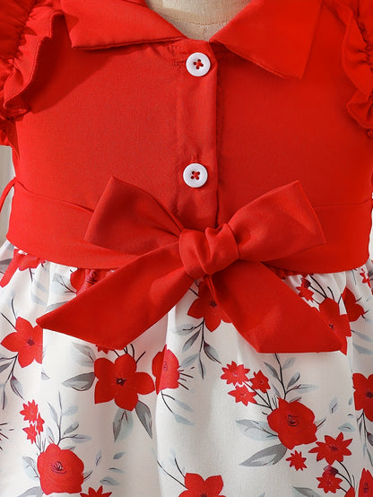 Girls' Dresses, Casual Girls' Dresses, Summer Frilly Printed Short-sleeved Dresses for Girls, Cute Girls' Dresses, Versatile, Fashionable, Cute And Casual Style, Suitable for Festivals And School Wear, Valentine's Day Gift, Girls' Birthday Gift
