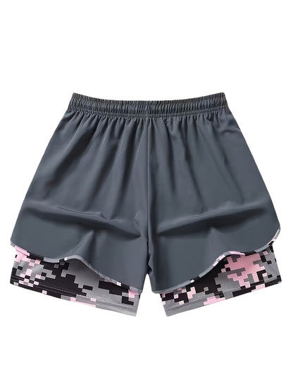 Three Pairs Of Women'S Summer Shorts, Double-layered Two-in-one Design, Camouflage Pattern, Breathable And Quick-drying, Drawstring Elastic Waistband, Side Mesh Pockets, Non-stretch Fabric, Sporty And Casual Style.