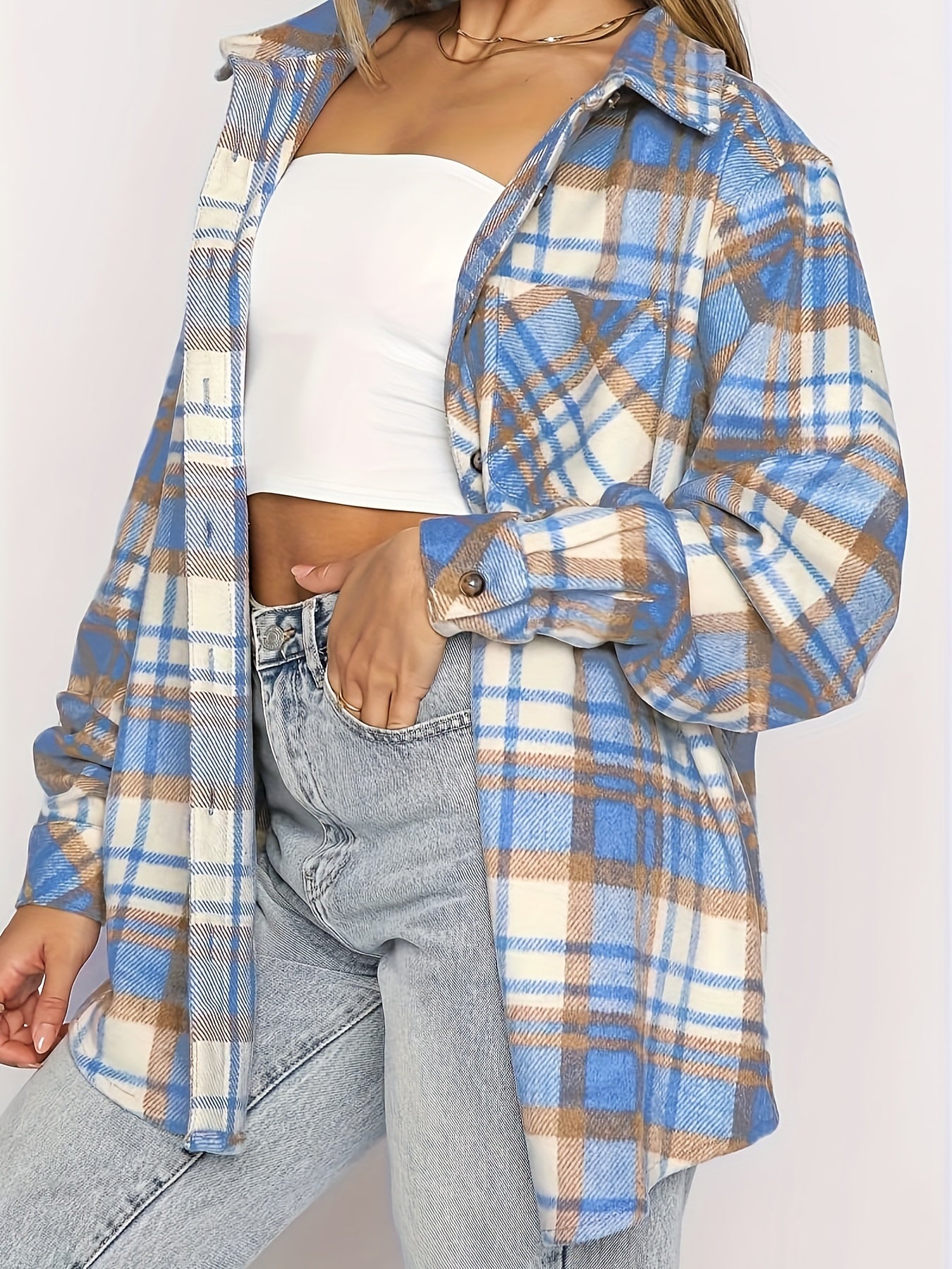 Plus Size, Women's Plus Size Plaid Flannel Shacket Jacket - Collar Button-Front Coat with H-Line Silhouette & Umbrella Hem, Soft 95% Warm Blazer for Fall Winter, Casual Outerwear ( Jeans Dresser)