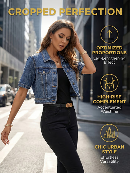 Women's Denim Jacket, New 2026 Vintage Washed Lightweight Short Cropped, Dark Blue, Regular-Shoulder Turn-Collar