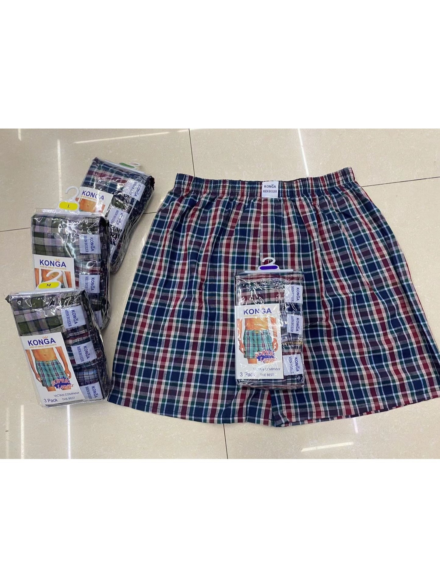 konga Men's 6-pack mixed color plaid print cotton boxer briefs