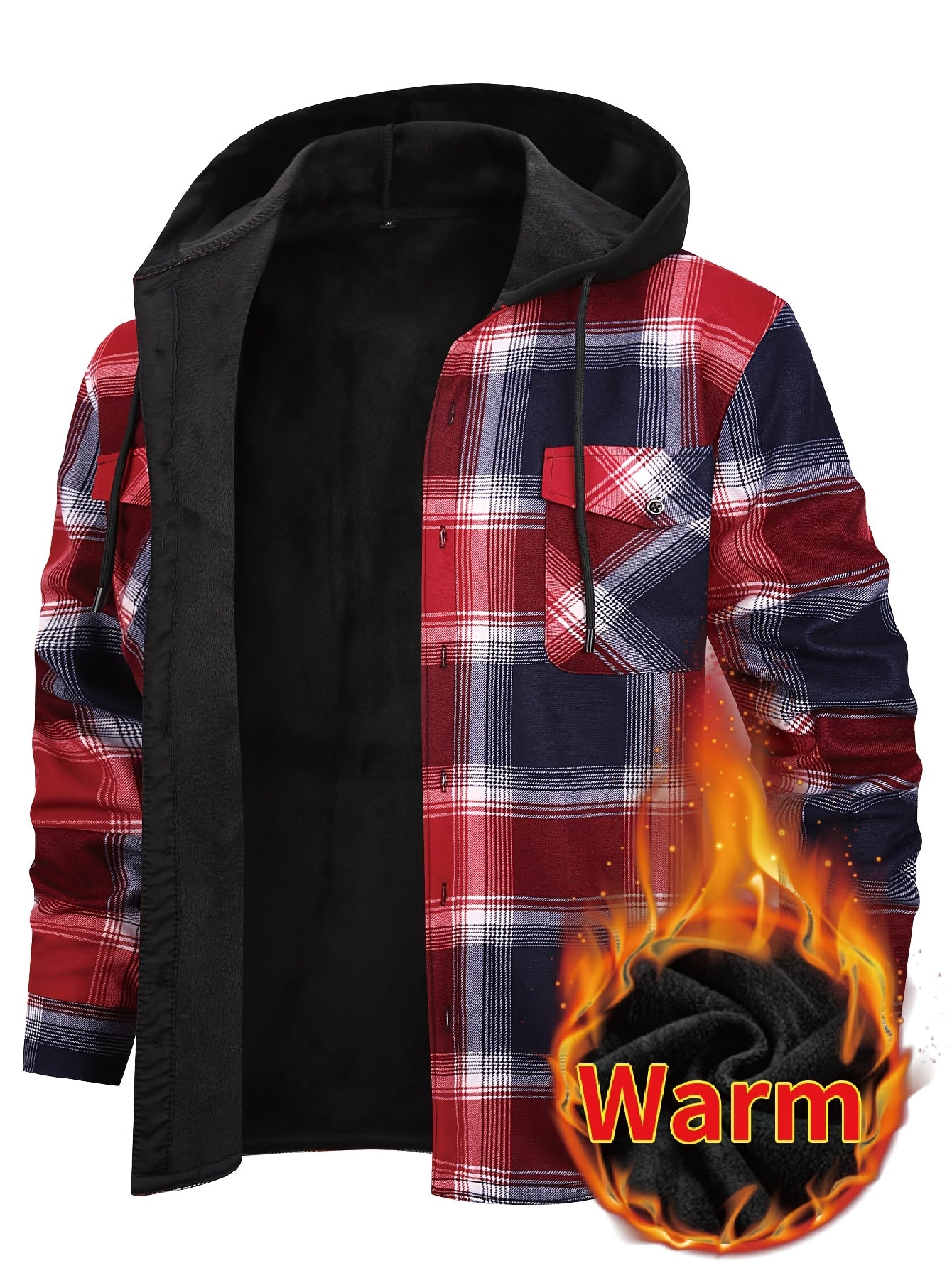 Men's Hooded Plaid Shirt Jacket with Flannel Lining - Thickened Winter Coat, Button Front, Black/White/Gray/Beige Plaid, Euro/American Sizing, Casual Outdoor & Formal Wear (Hand Washable) - Blazer Coat for
