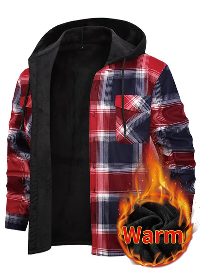 Men's Hooded Plaid Shirt Jacket with Flannel Lining - Thickened Winter Coat, Button Front, Black/White/Gray/Beige Plaid, Euro/American Sizing, Casual Outdoor & Formal Wear (Hand Washable) - Blazer Coat for