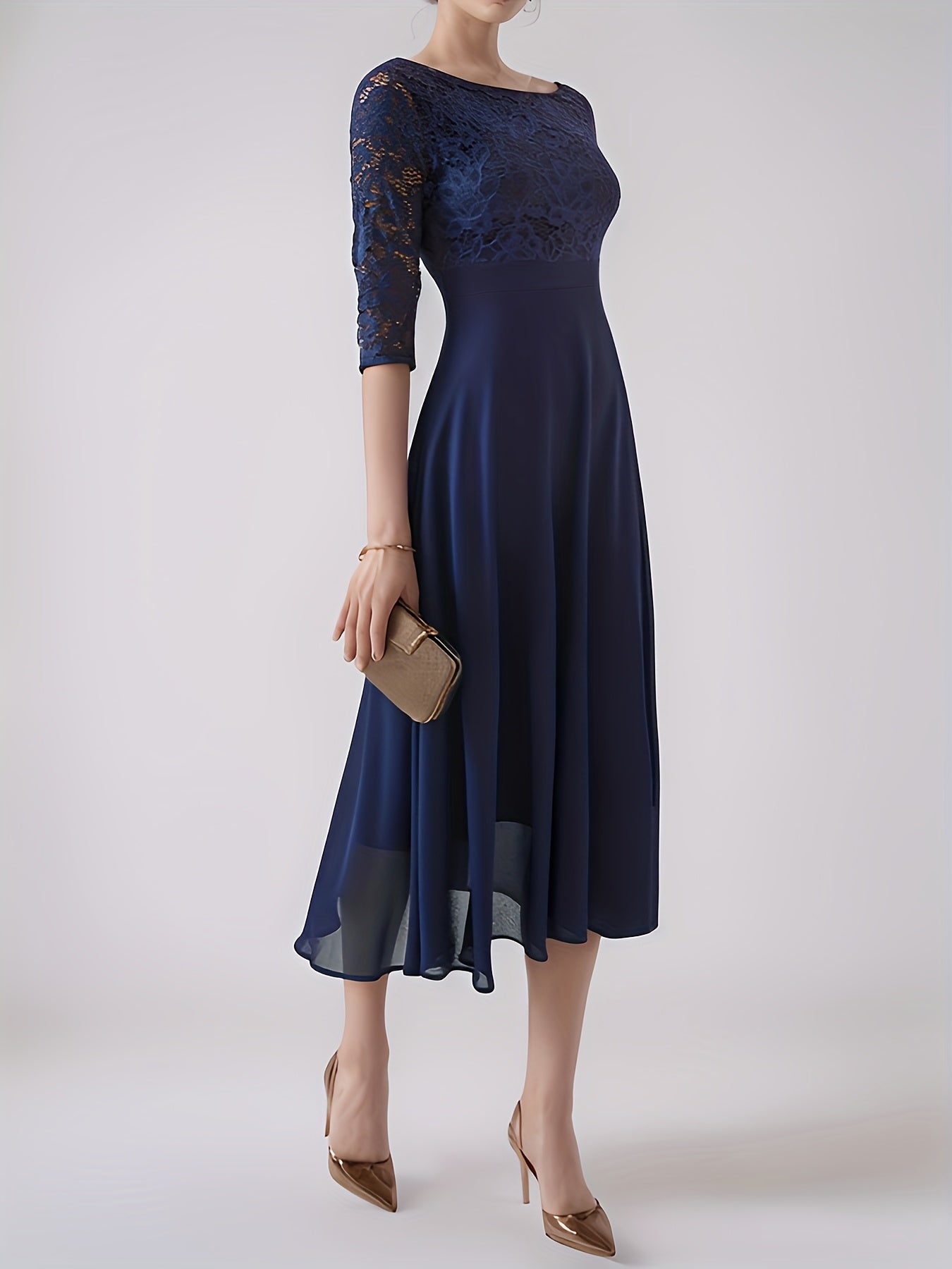 Elegant Navy Blue Lace-Trimmed Chiffon Evening Gown with Short Sleeves And Flowing Skirt, Perfect for Formal Events And Parties, Formal Evening Gown
