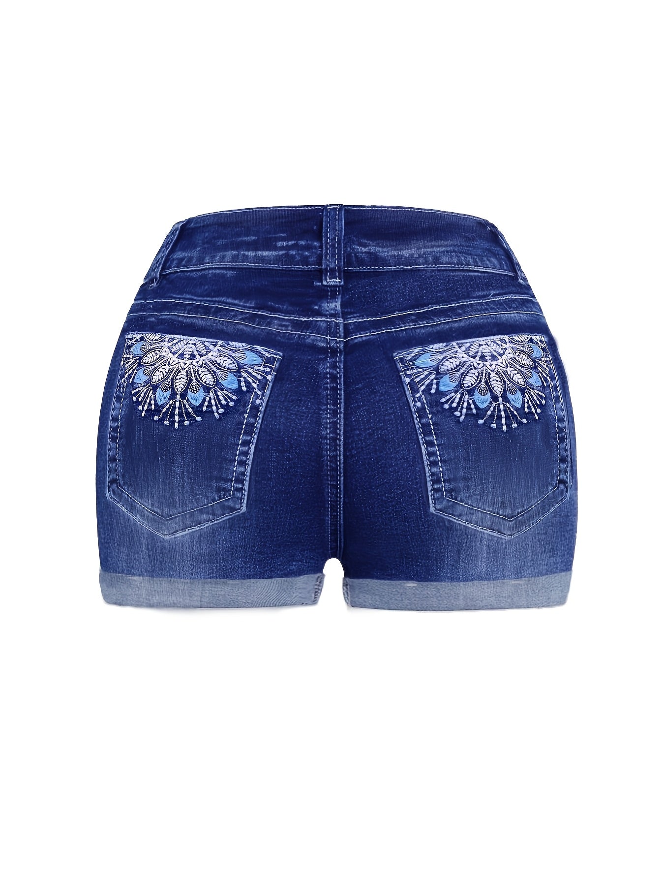 Women'S Plus Size Denim Blue Jean Shorts | High Waisted with Floral Embroidered Back Pockets, Single Button Zipper Fly, Trendy Street Style for Summer Daily Outings