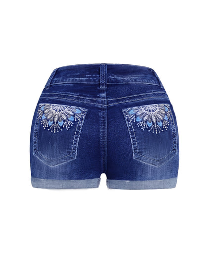 Women'S Plus Size Denim Blue Jean Shorts | High Waisted with Floral Embroidered Back Pockets, Single Button Zipper Fly, Trendy Street Style for Summer Daily Outings