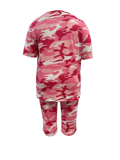 Plus Size - Plus Size - Women'S Plus Size Fashion: Camouflage Print T-Shirt with Round Neck And Cropped Pants Set, Casual Two-Piece Outfit
