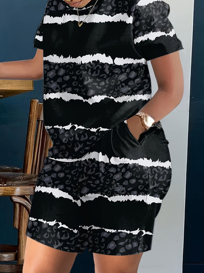 Plus Size - Ladies' Casual Leopard Short-sleeved T-shirt And Shorts Suit, With Pockets, Medium Elastic Fabric, Daily Casual Striped Suit.