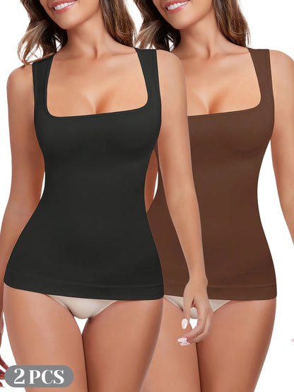 [2pcs Tummy Control Shapewear] 2pcs Durable & Comfortable Tummy Control Shapewear Compression Tank Tops For Women | Seamless Square Neck Body Shaper Camisole, Breathable, Suitable For Daily Casual Wear, Shopping, Parties, Dates & Festivals