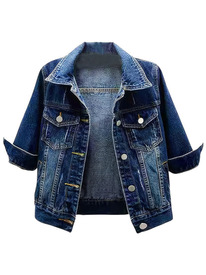 Women'S Vintage Wash Cropped Denim Jacket- Slim Fit Non-See-Through Buttons-Up Coat, Casual Everyday Denim Jacket for Spring/Fall Layering - Perfect for Jeans, Dresses & Skirts, Quality Button Details, Fall Fashion, Durable Fabric, Fall Clothing