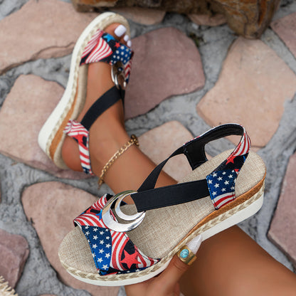 Women's Patriotic Independence Day Wedge Sandals- American Flag Design, Open Toe, Slip-On Summer Shoes with EVA/PU Cover Sole, Chunky Heel Sandals, Women Shoes
