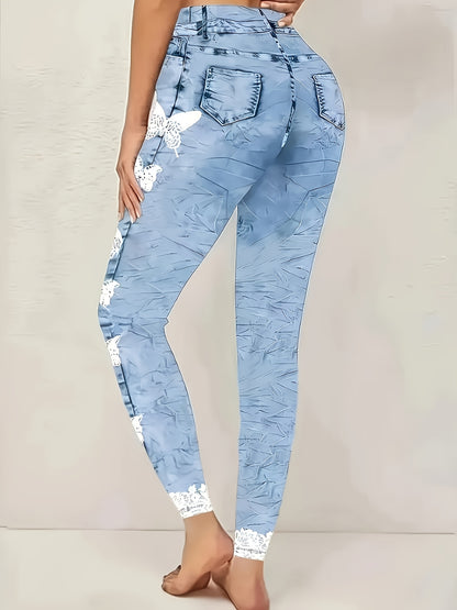 [Printed Pants - Not Denim Fabric] Ladies' Elastic Butterfly Print Leggings - Imitation Denim Elastic Fabric, Fake Pockets, All-season Comfort, Machine Washable, Suitable for Casual And Vacation Wear.