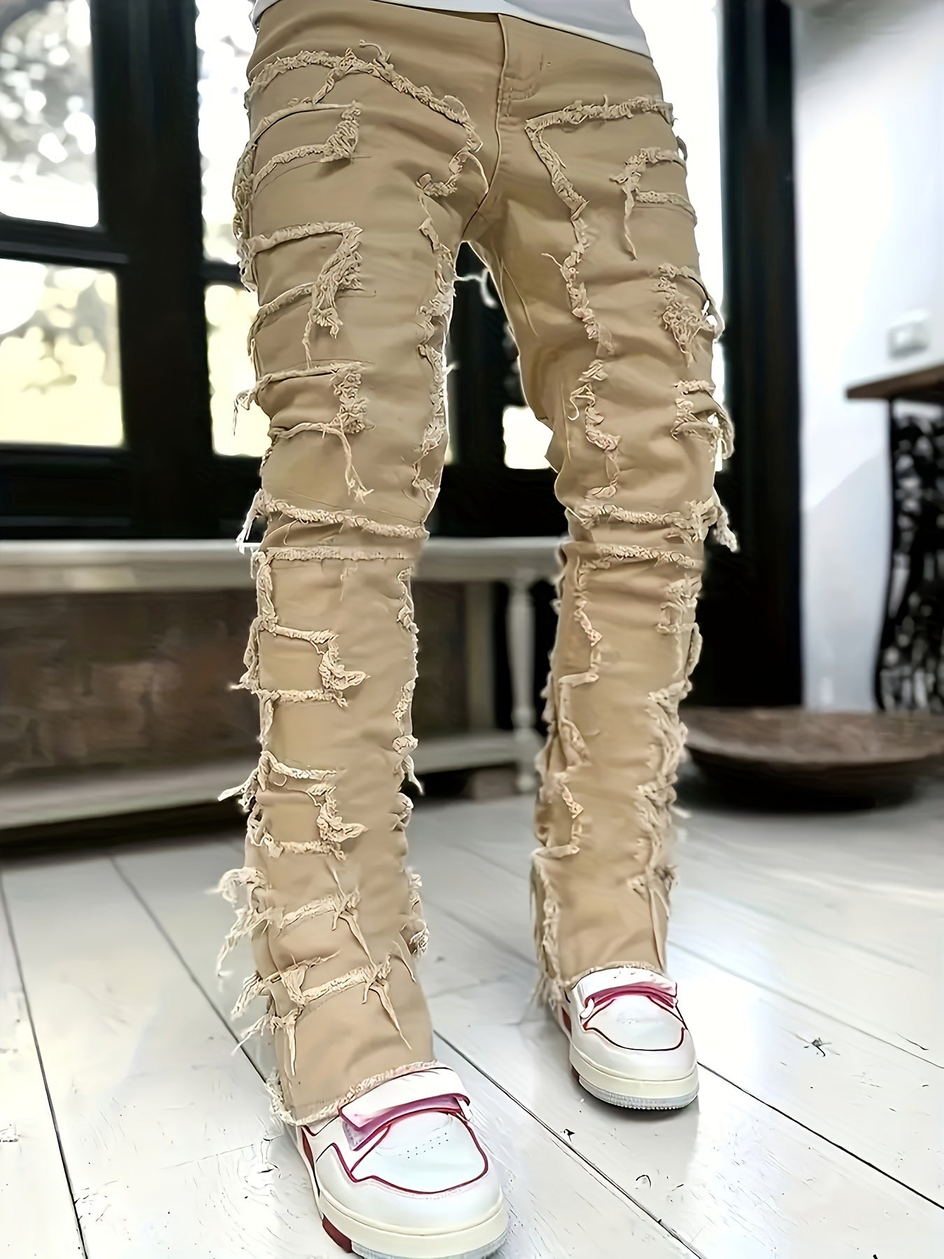Men's Slim-Fit Straight-Leg Distressed Jeans with Tassel Details - Y2K Streetwear Hip-Hop Skateboard Style Stretch Denim, Machine-Washable All-Season Casual Pants, Casual Wear | Y2K Fashion | Faded Jeans