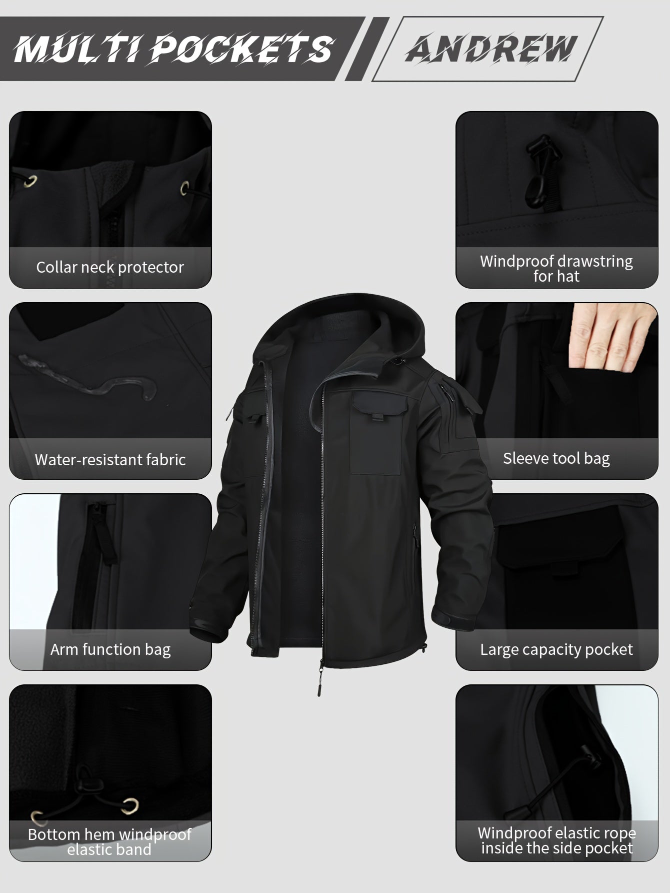 Men's Fleece-Lined Softshell Tactical Winter Jacket with Zip-Up Hooded Coat, Multiple Pockets & Lining - Outdoor Skiing, Hiking, Camping Workwear - Machine Washable Warm Fall/Winter Gear for Cold Weather Activities (Polyester)