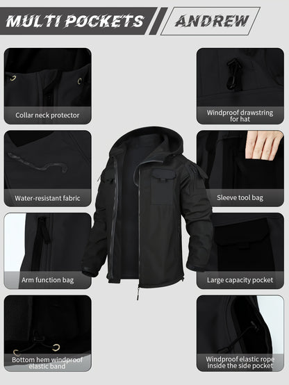 Men's Fleece-Lined Softshell Tactical Winter Jacket with Zip-Up Hooded Coat, Multiple Pockets & Lining - Outdoor Skiing, Hiking, Camping Workwear - Machine Washable Warm Fall/Winter Gear for Cold Weather Activities (Polyester)