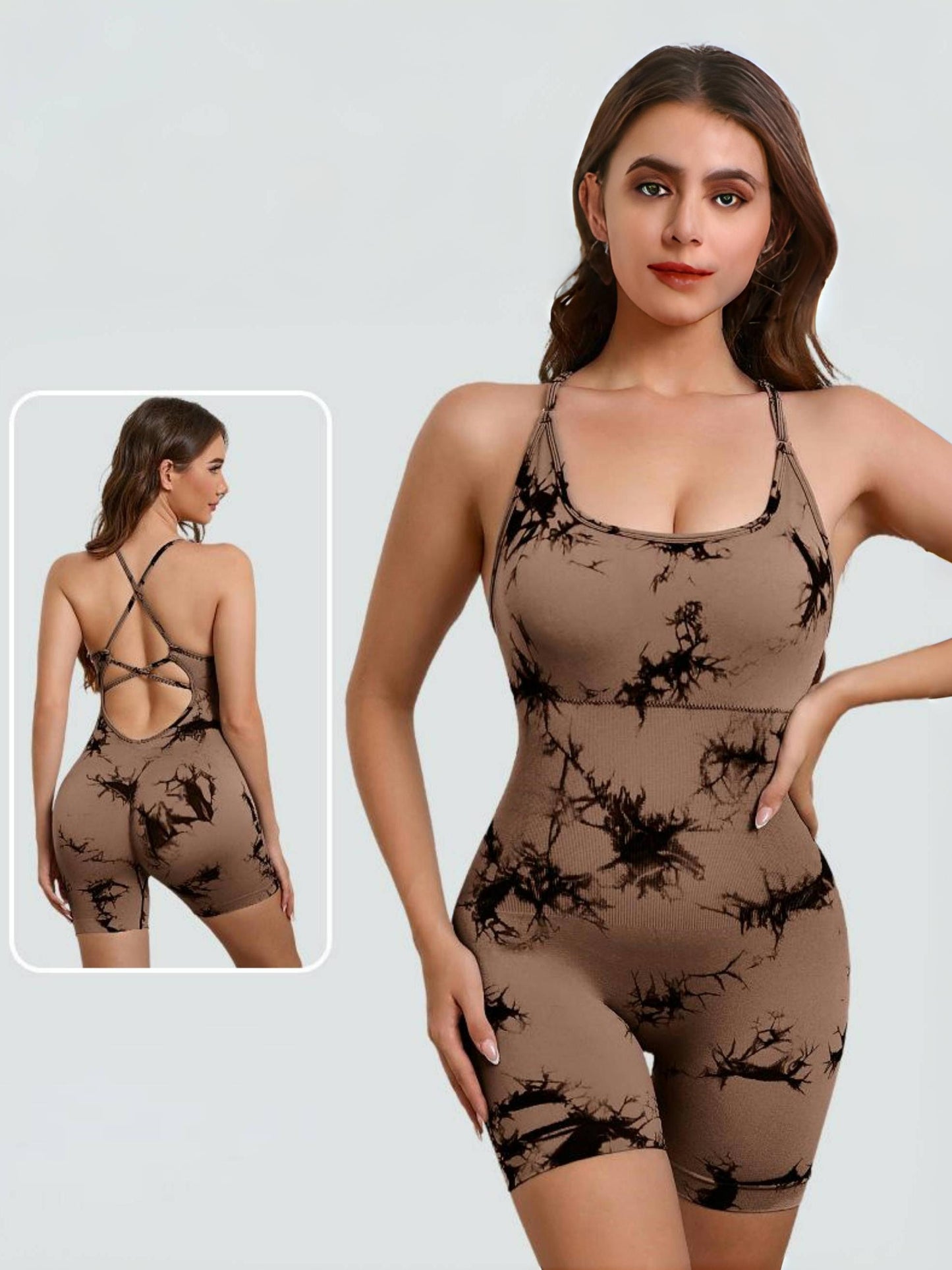 Stretchy Seamless Women's Tie-Dye Crisscross Backless Yoga Bodysuit, Athletic Sports Padded Romper Jumpsuit, Butt Lifting Fitness Shorts Workout Clothing for Gym Running Biking Outdoor Tennis, Womens Summer Clothing Fitness Wear Daily Wear Activewear, Bir
