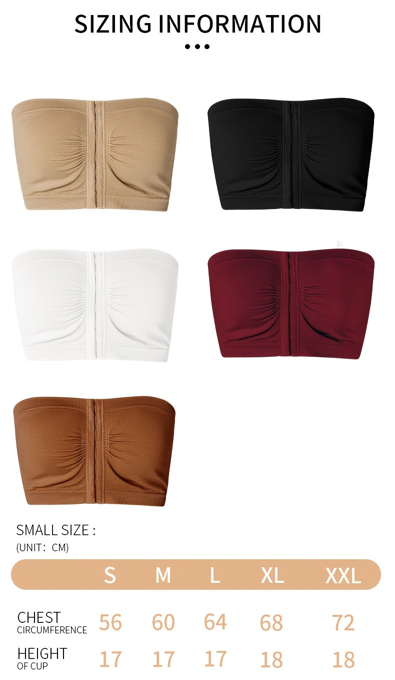 5pcs Plus Size Front Closure Bra Set, Elegant Nylon Fabric Plus Size Women's Bandeau, Wireless Design Front Closure Plus Size Women's Strapless, Medium Stretch, Solid Color, No Padding
