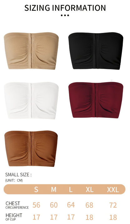5pcs Plus Size Front Closure Bra Set, Elegant Nylon Fabric Plus Size Women's Bandeau, Wireless Design Front Closure Plus Size Women's Strapless, Medium Stretch, Solid Color, No Padding