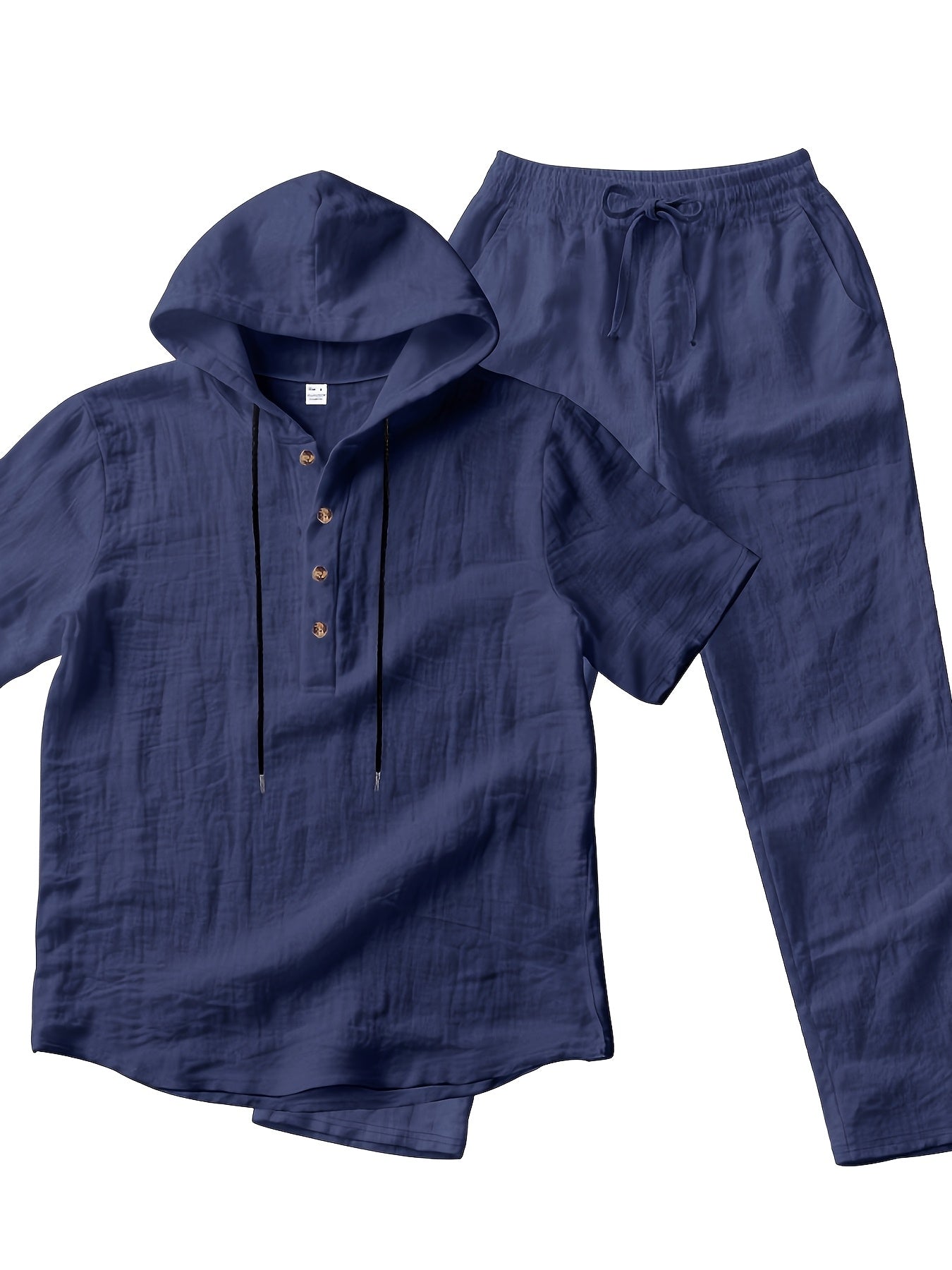 Men'S Casual Linen Hooded 2pcs Set, Short Sleeve Drawstring Henley Shirt And Wide Leg Pants, Breathable Non-Stretch Fabric, Loose Fit for Vacation, Home And Outdoor, Multi-Color Options