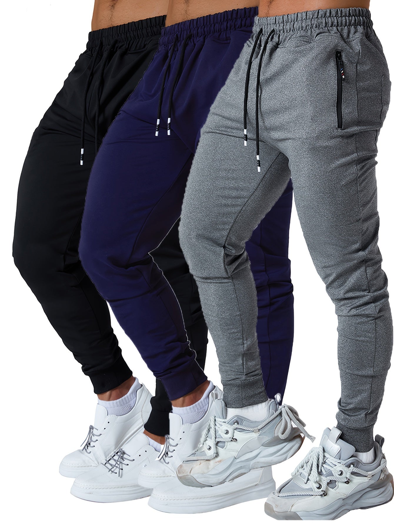 3PCS Men's Sweatpants with Zipper Pockets Tapered Joggers for Men - Athletic Pants for Workout, Jogging, Running - Breathable & Comfortable Fabric - Suitable for Men - Perfect for Fitness Enthusiasts
