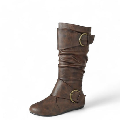 Women's Closed Round Toe Buckle Slouch Flat Heel Mid-Calf Boot