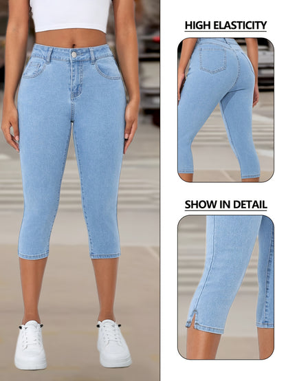 Womens Light Blue High Waisted Stretch Denim Capri Pants Ankle Length Split Hem Design Slim Fit Tummy Control Bootcut Flare Leg Casual Chic Style Comfortable Elastic Waistband Versatile Daily Wear Machine Washable Plus Size XS to XL All Season