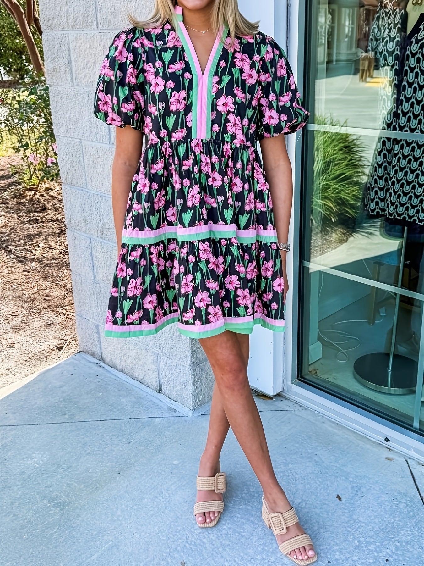 Women'S Summer Floral Mini Dress, Puff Sleeve Short Sleeve V-Neck Loose Bohemian Style Beach Dress, Floral Print