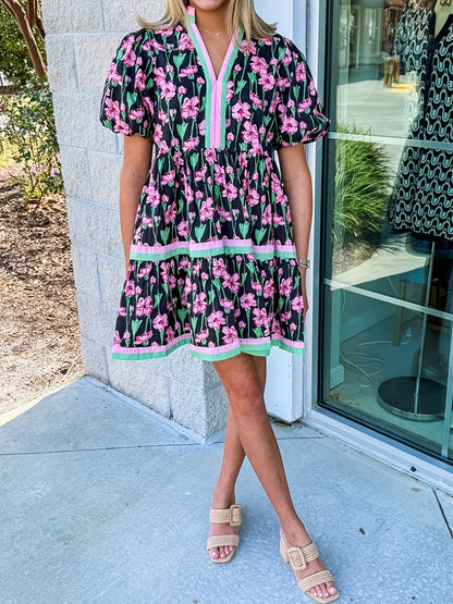 Women'S Summer Floral Mini Dress, Puff Sleeve Short Sleeve V-Neck Loose Bohemian Style Beach Dress, Floral Print
