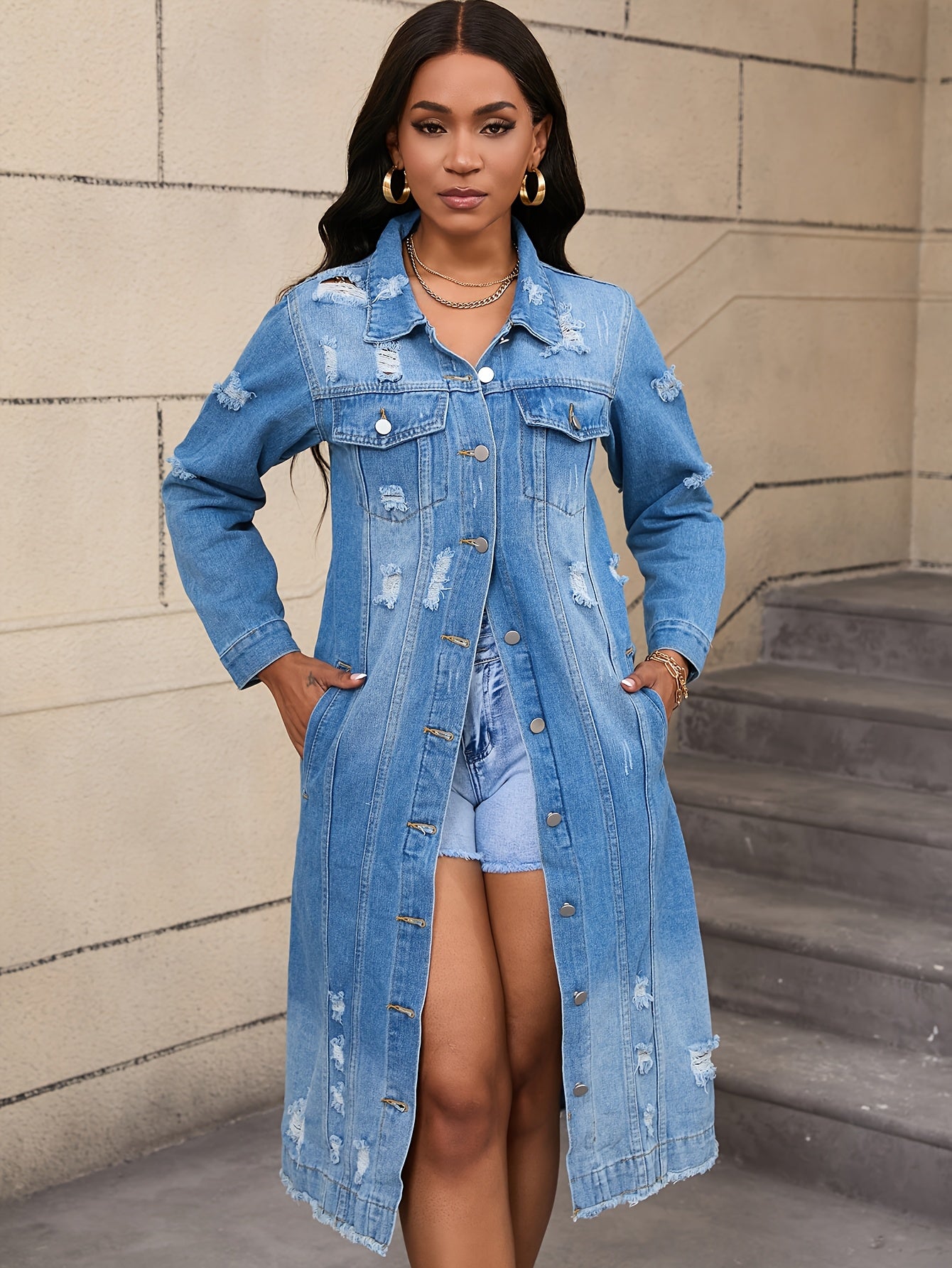 Long Ripped Denim Jacket with Real Pockets, Casual Windbreaker