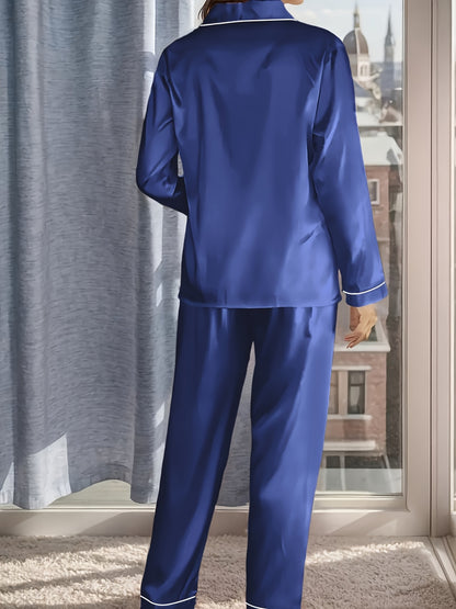 Women's Satin Casual Comfortable 1 Set 2pcs Pajama Outfit, Turn- Collar Long Sleeve Top & Elastic Waistband Trousers Women's Sleepwear
