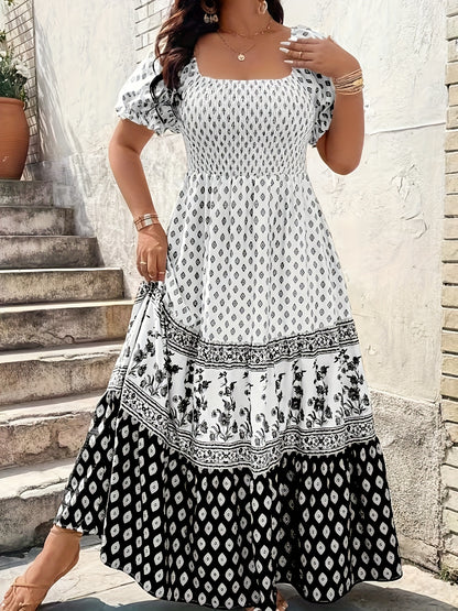 Plus Size - 1pc Spring Summer Mother'S Day Plus Size Women Elegant Bohemian Maxi Dress - Square Neck Puff Sleeve Smocked Bodice Floral Geometric Print Tiered Long Skirt Sophisticated Graceful Style For Vacation Beach Party Wear