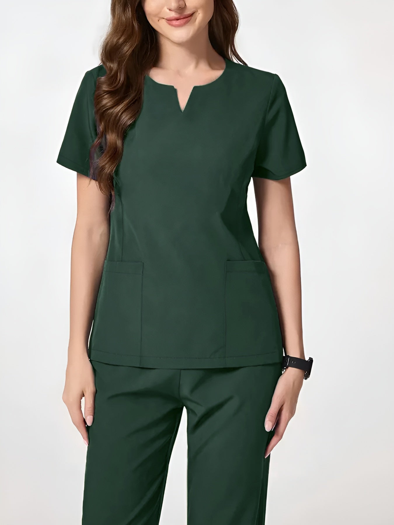 Two-Piece Easy And Comfortable Breathable Brushing Gloves Set for Work Uniforms, V-Neck Short-Sleeved Front-Pocket Comfortable Top And Slit Straight-Leg Trousers, All-Season Wear, Perfect for Healthcare, Dental, And Pet Hospital Professionals