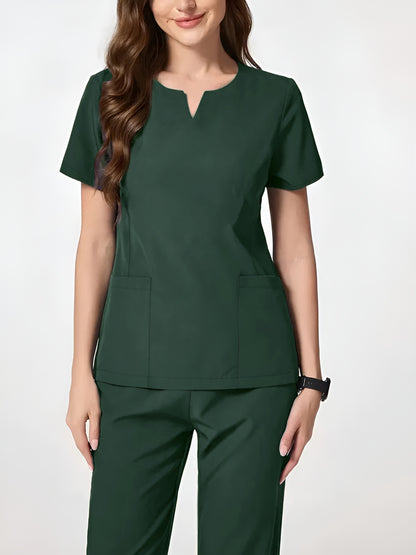 Two-Piece Easy And Comfortable Breathable Brushing Gloves Set for Work Uniforms, V-Neck Short-Sleeved Front-Pocket Comfortable Top And Slit Straight-Leg Trousers, All-Season Wear, Perfect for Healthcare, Dental, And Pet Hospital Professionals