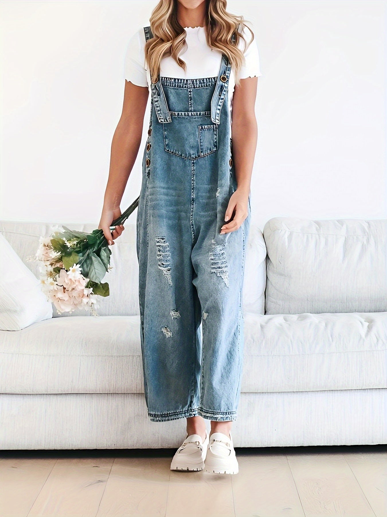 [Trendy Denim Overalls] Women's Denim Overalls Jumpsuit - Adjustable Shoulder Strap, Loose Fit, Ripped Wide-Leg Pants, Machine Washable with Decorative Pockets, All-Season Casual Outfit, Relaxed, Button Closure, Trendy