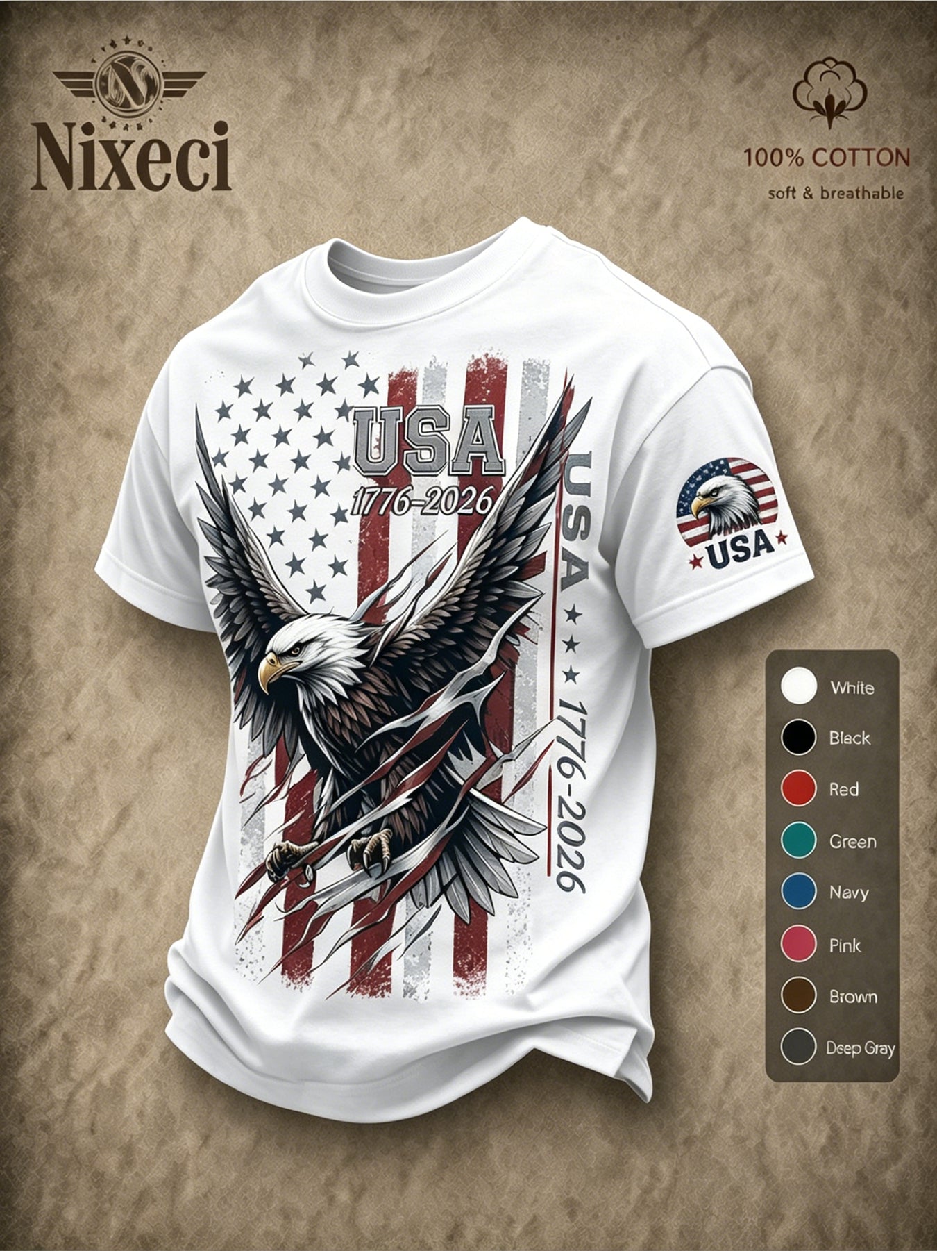 Nixeci 180G Pure T-Shirt Men'S Summer Loose Fit Crewneck Short Sleeve Vintage Patriotic American Flag Bald Eagle Graphic Print Independence Day Daily Casual Outdoor Tee