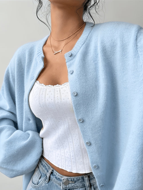New Spring And Summer Fashionable Elegant Women's Stretch Button Cardigan - High-Elasticity Crew Neck Spring/Autumn Sweater, Hand Wash/Dry Clean Spring And Summer Apparel, Lightweight And Breathable Daily Commute, Sports And Leisure Top, Qqq