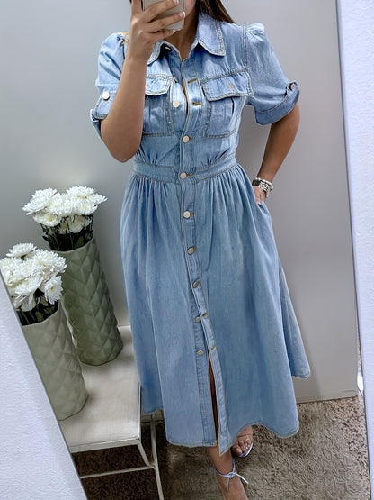 Cross Border Denim Skirt, Women'S Waist Trimming, Large Skirt Hem, Dress with Button Up V-Neck, Fashionable And Temperament, Women'S Skirt