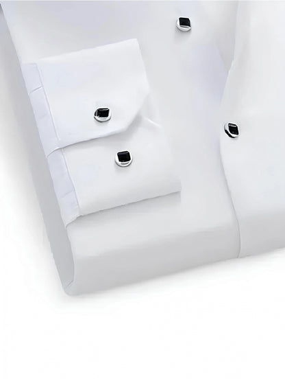 Men's Non-Iron Business Shirt Long Sleeve with Diamond Buttons& Button- Collar | Wrinkle-Free Stretch Polyester | Office Work Shirt in White& Black