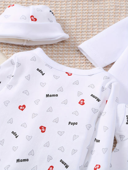 This 8pcs Soft Spring And Summer Set Is Suitable For Boys' And Girls' Clothing And Accessories With Heart Letters And Floral Patterns, Including Trousers, Hats, Bibs, Socks, Pants, Jackets And Tops, And Is Ideal For Outdoor Home Wear