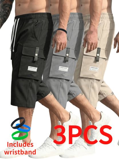 3pcs Men'S Summer Cargo Shorts | Durable Polyester Non-Stretch Fabric, Casual Sporty Style, Regular Fit with Drawstring Waist, Large Pockets & Letter Patch Detail - Includes Wristband