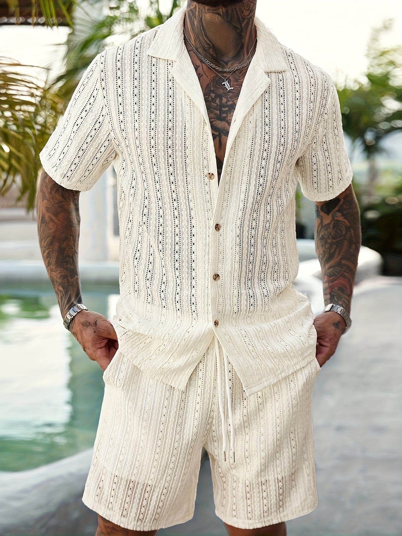 2pcs/Set Men's Solid Color Button- Hollow Shirt And Shorts Set, Vacation Solid Color Husband Casual Wear, Suitable for Vacation, Seaside Beach, Daily Leisure, Summer Wear Men Vacation Outfits Men 2pcs Outfits Summer, Cozy Outfits